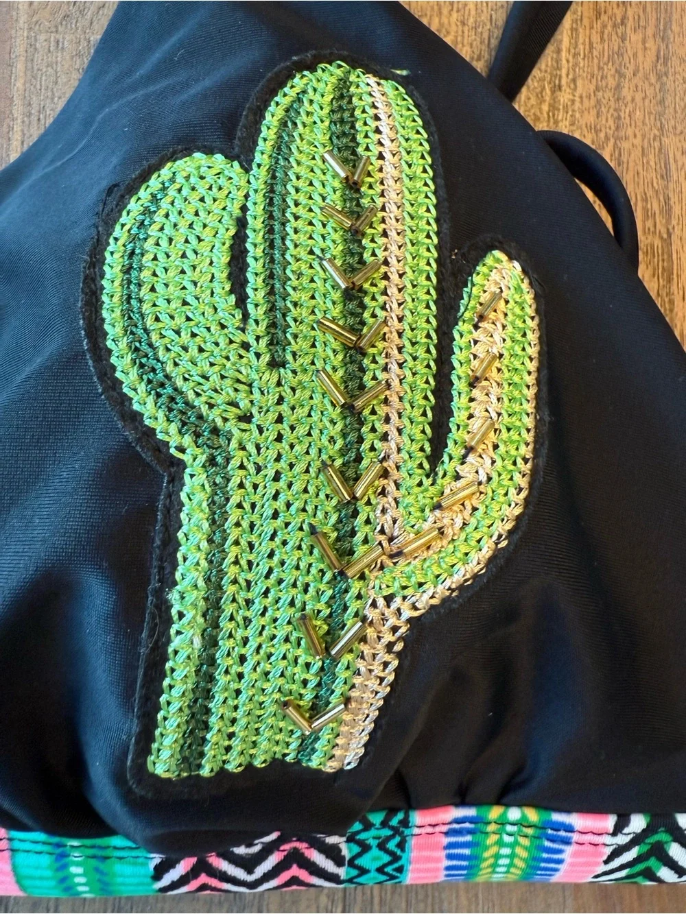 Xhilaration D/DD Cactus Embroidered Bikini Top Black Neon Southwest NWT